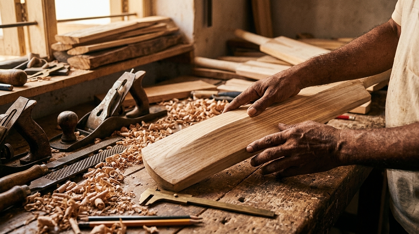 Hand Carving Kashmir Willow on Workbench